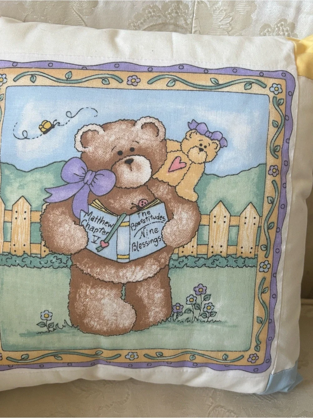 Handmade Christian Teddy Bear Decorative Pillow 11”x11.5” Beatitudes Matthew 5